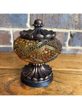 Vintage Amber Bronze Color Hobnail Lucite Round Powder Jar Trinket Box Resin Lid